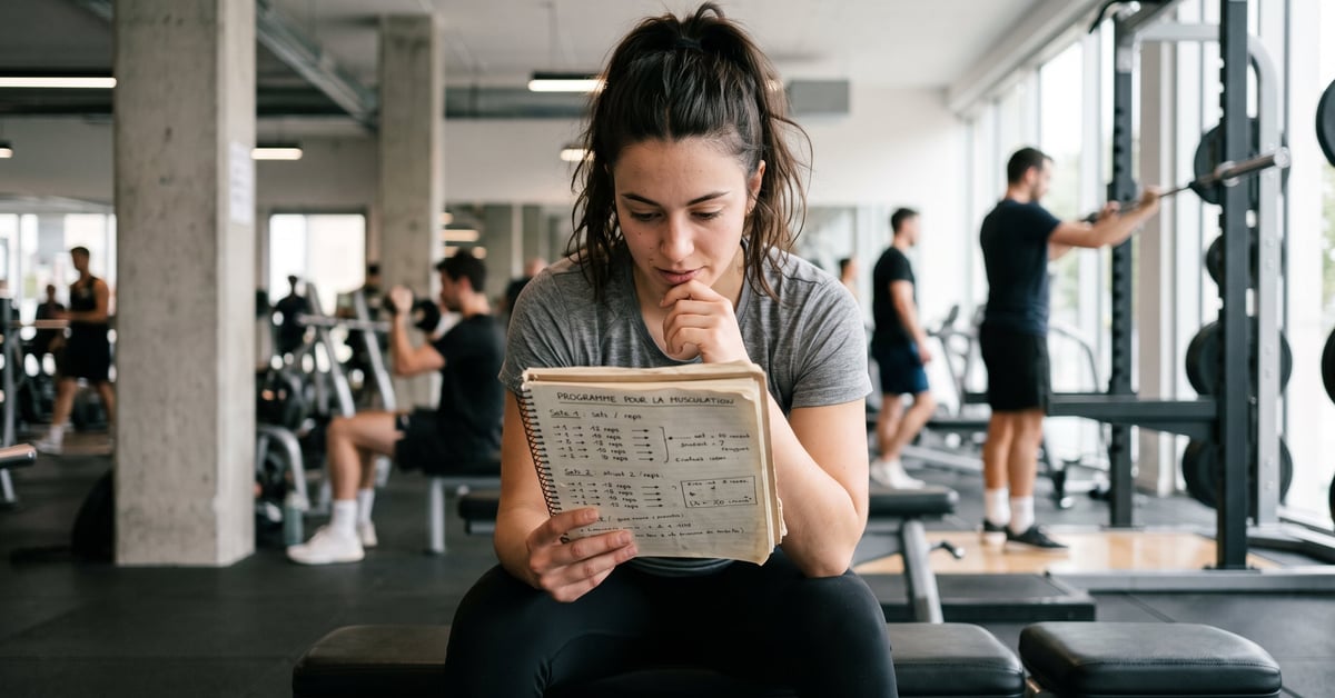 Programme de musculation structuré avec haltères et équipement de salle de sport moderne